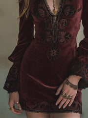 Vintage Burgundy Baroque Embroidered Velvet Deep-V Mini Dress