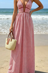 Slim Striped Halter Backless Beach Cami Maxi Dress