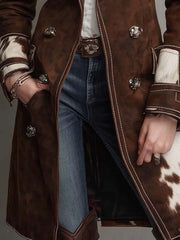 Cow Print Panel Faux Suede Long Coat