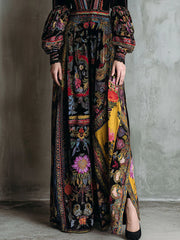 Boho Floral Print Velvet Long Sleeve Gown Maxi Dress With Lace Trim