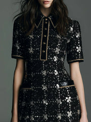Retro Glamour Luxe Black Sequin Tweed Mini Dress
