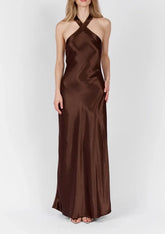Cross Halter Open Back Tie-Back Solid Satin Maxi Slip Dress