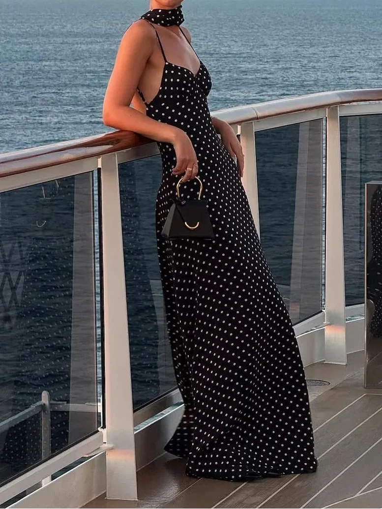 Polka Dot Slip Dress with Open Back & Neck Scarf