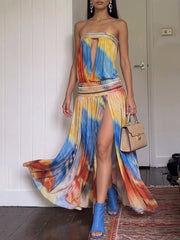 Strapless Tie-Dye Cutout High Slit Embellished Dress