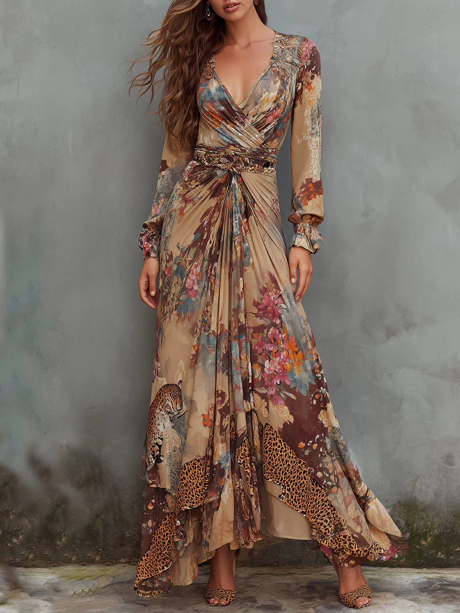 Romantic Flow Bohemian Leopard & Floral Chiffon Maxi Dress