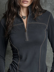 Vintage Washed Cotton Stand-collar Half-zip Long-sleeved T-shirt