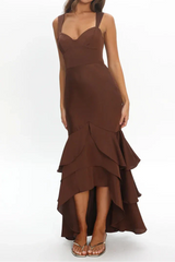 Chocolate Sweetheart Neckline Tiered Ruffle Mermaid Maxi Dress