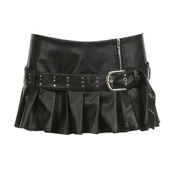 Rivet Belted Pleated PU Leather Mini Skirt
