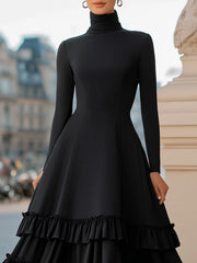 High-Neck A-Line Tiered Ruffle Midi Dress