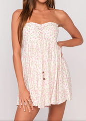 Lena White and Pink Floral Print Strapless Mini Dress