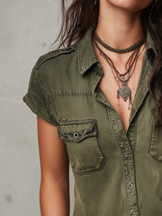 Vintage Washed Short Sleeve Denim Blouse