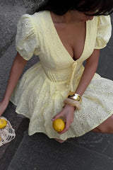 Yellow Eyelet Embroidery Puff Sleeve Mini Dress