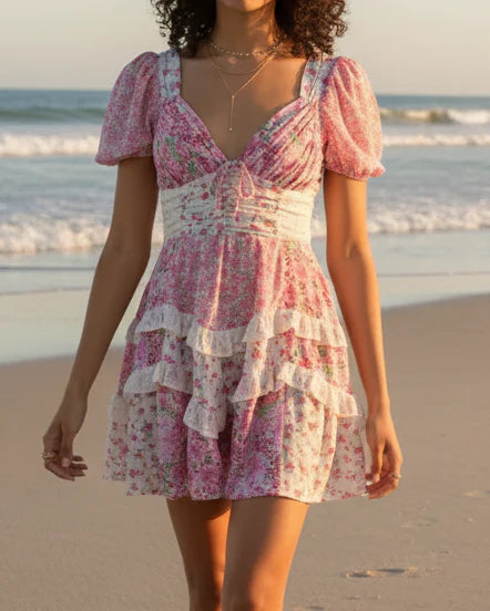 Pink Floral Puff Sleeve Ruffle Mini Dress