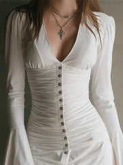 Retro Elegant Pleated Trumpet Sleeve Cotton Blend Mini Dress