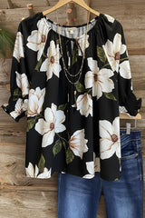 Magnolia Floral Gathered Cuff Peasant Top