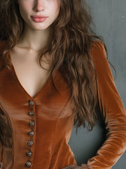 Vintage V-neck Lace Cuffs Poly Velvet Blouse