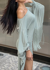 Flare Sleeve Tassel Patchwork Asym Neck Mini Dress