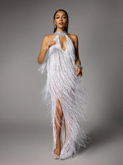 White Fringe Halter Neck Maxi Dress