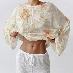 Colordate Women's Orange Flowers Long Sleeve Cotton Homewear Set