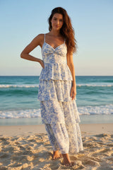 Blue Toile Floral Tiered Ruffle Open Back Maxi Dress