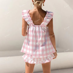 Short Lazy Pink Plaid Tank Top Shorts Pajama Set