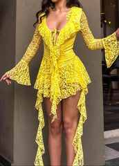 Solid Lace Splice Ruffle Mini Dress