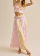 Pink Yellow Patchwork Floral Lace Cami Crop Top & Maxi Skirt Two Piece Set
