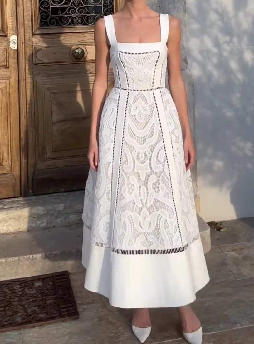 Lace Embroidery Suspender Maxi Dress