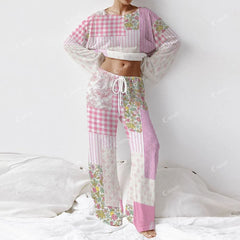 Colordate Women's Floral Checkered Patchwork Print Long Sleeve Cotton Homewear Set