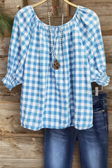 Cotton Plaid Gathered Cuff Top