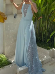 Light Blue Halter Neck Open Back Sequin Panel Drape Maxi Dress | Luxury Elegant Evening Gown