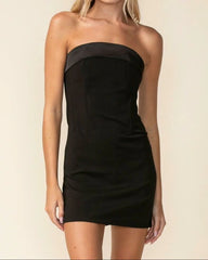 See You There Black Mixed Media Strapless Mini Dress