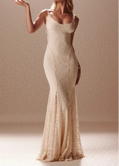 Champagne Lace Spaghetti Strap Corset Lace-Up Back Mermaid Maxi Gown