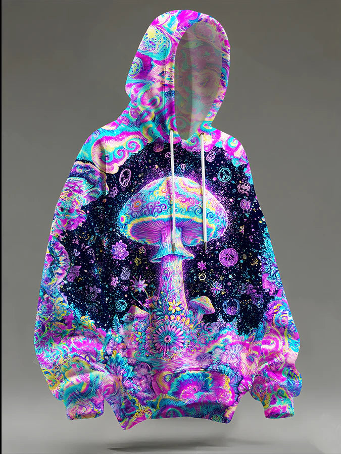 Unisex Magic Hippie Mushroom Art Long Sleeve Hooded Pocket Sweatshirt