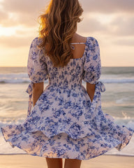 Blue Floral Smocked Mini Dress