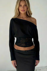 Lace Splice Off Shoulder Bat Sleeve Blouse