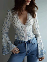 Boho Blue Floral Lace-Trim Blouse