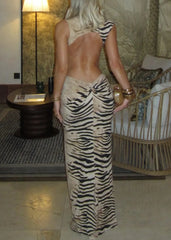 Asymmetric Turtleneck Zebra Print Open-Back Bodycon Maxi Dress