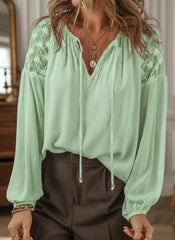 Women's Retro Casual Early Spring V-neck Lace Splicing Long Sleeve Shirt