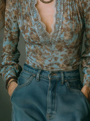 Bohemian Floral Chiffon Blouse With Lace Trim