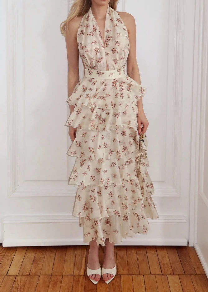 Halter Floral Tiered Ruffle Maxi Dress