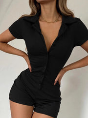 Bohemian Collared Ribbed Form-Fitting Short Sleeve Romper