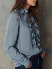 Dusty Blue Ruffle Front V-Neck Button Chiffon Blouse