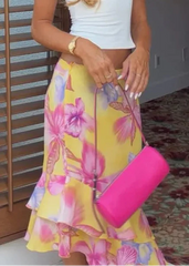 Yellow Tropical Floral Print Ruffle Midi Skirt