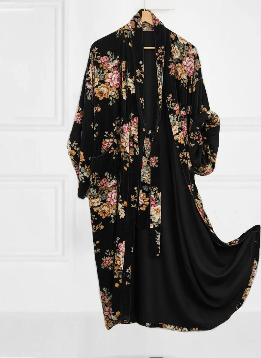 Vintage Floral Velvet Kimono Robe – Bohemian Long Coat with Tie Belt