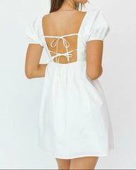 Rosemary White Square Neck Puff Sleeve Babydoll Dress
