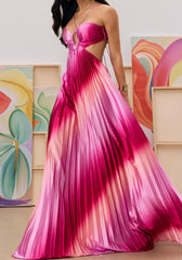 Spaghetti Strap Cutout Gradient Pleated Satin Maxi Dress