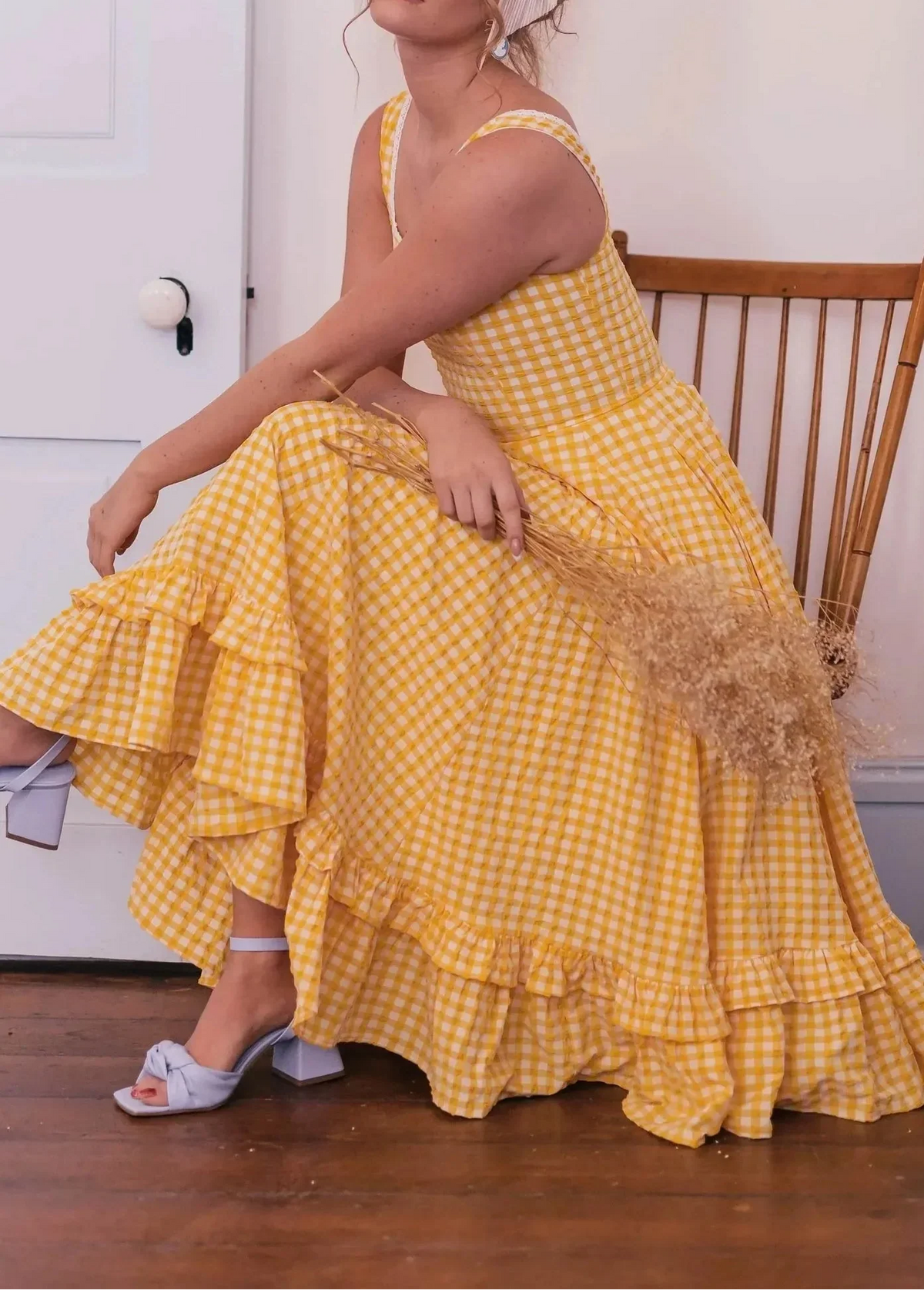 Yellow Gingham Square Neck Cami Ruffle Hem Midi Dress