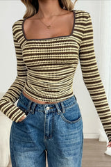 Striped Patchwork Slim U-Neck T-shirt