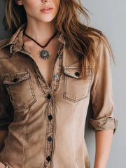 Retro Washed Contrast Stitching Blouse